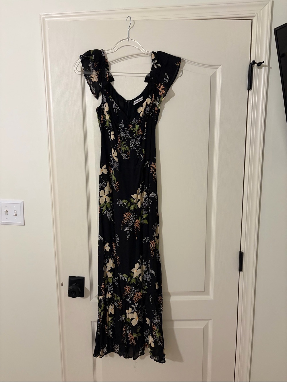 Reformation Black Floral Midi Dress with Ruffle Sleeves